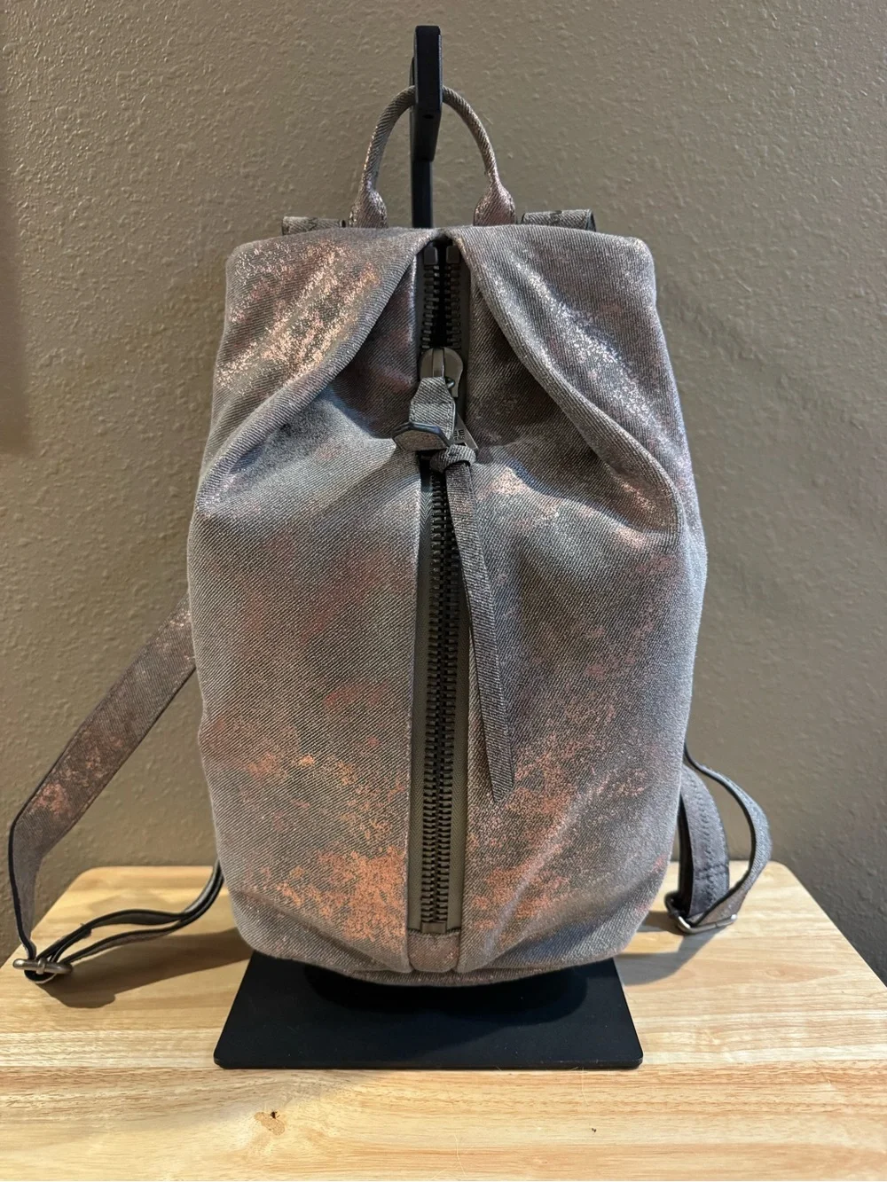 Aimee Kestenberg Metallic Rose Gold Leather Backpack with Center Zip